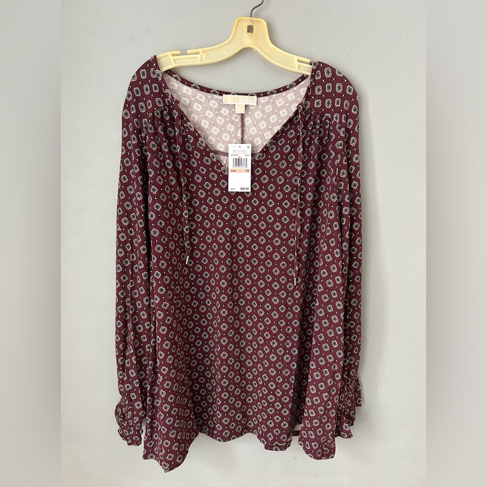 Michael Michael Kors Women's Burgundy Geometric Print V-Neck Long Sleeve Top 2X